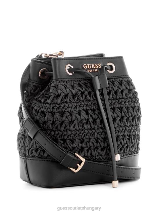 GUESS Black Floral Print 8ZX4F2936 Liguria Crochet Straw Bucket Bag