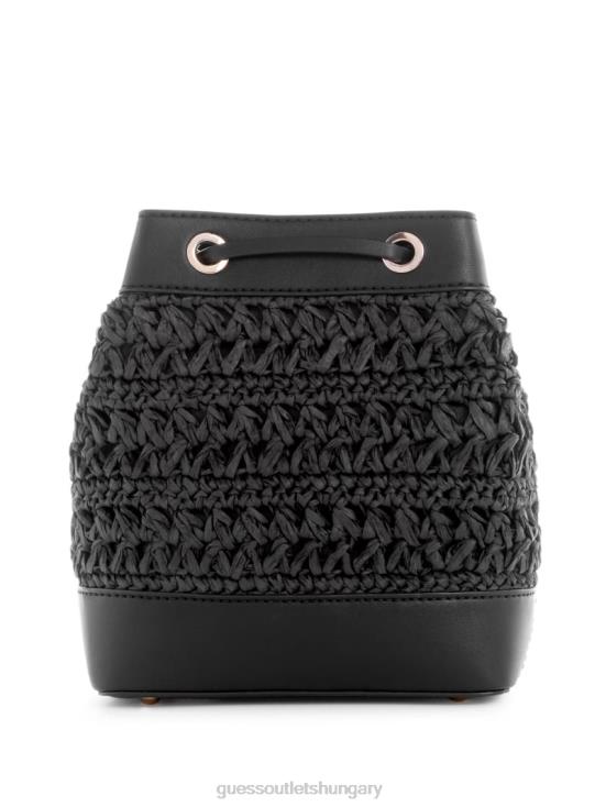 GUESS Black Floral Print 8ZX4F2936 Liguria Crochet Straw Bucket Bag