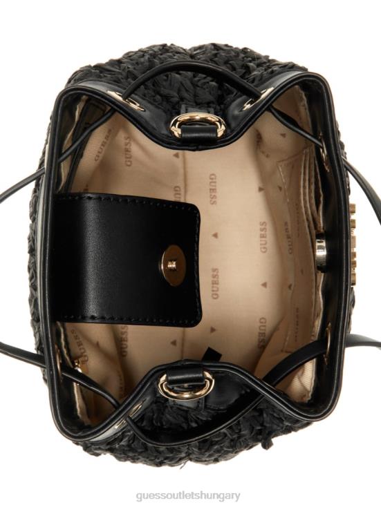 GUESS Black Floral Print 8ZX4F2936 Liguria Crochet Straw Bucket Bag