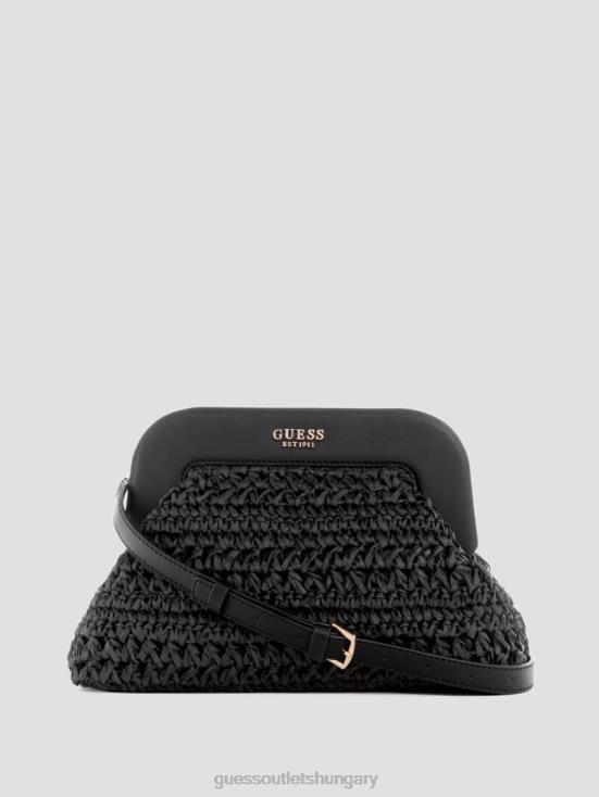 GUESS Black Floral Print 8ZX4F2937 Liguria Crochet Straw Frame Clutch