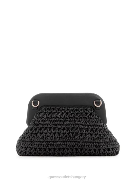 GUESS Black Floral Print 8ZX4F2937 Liguria Crochet Straw Frame Clutch