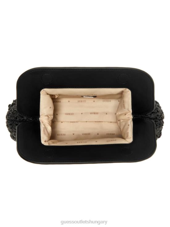 GUESS Black Floral Print 8ZX4F2937 Liguria Crochet Straw Frame Clutch