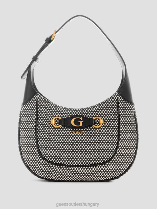 GUESS Black Shiny Nickel 8ZX4F3044 Izzy Raffia Hobo Bag