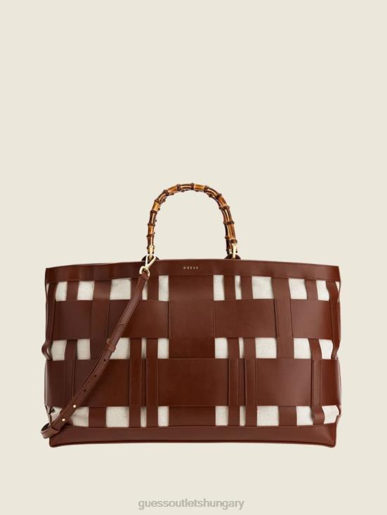 GUESS Cognac 8ZX4F3276 Aida Woven Leather Maxi Satchel