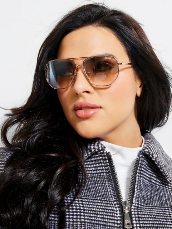 GUESS Shiny Rose Gold/Bordeaux 8ZX4F3694 Kelly Aviator Sunglasses