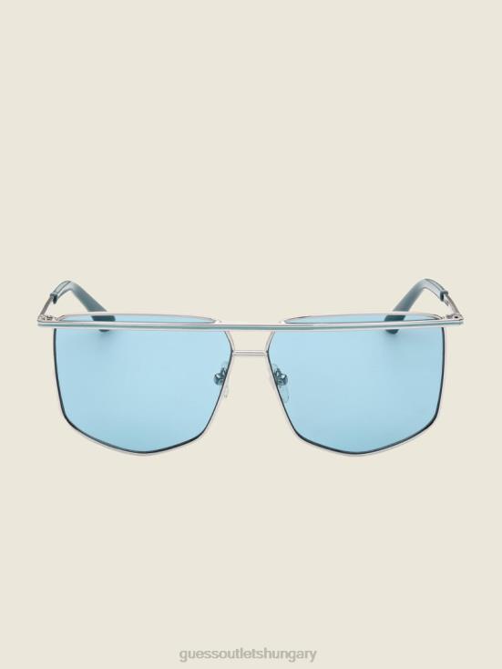 GUESS Shiny Silver/Blue 8ZX4F3768 Metal Brow Bar Geometric Sunglasses