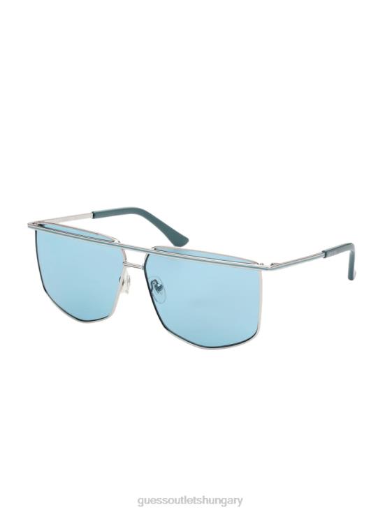 GUESS Shiny Silver/Blue 8ZX4F3768 Metal Brow Bar Geometric Sunglasses