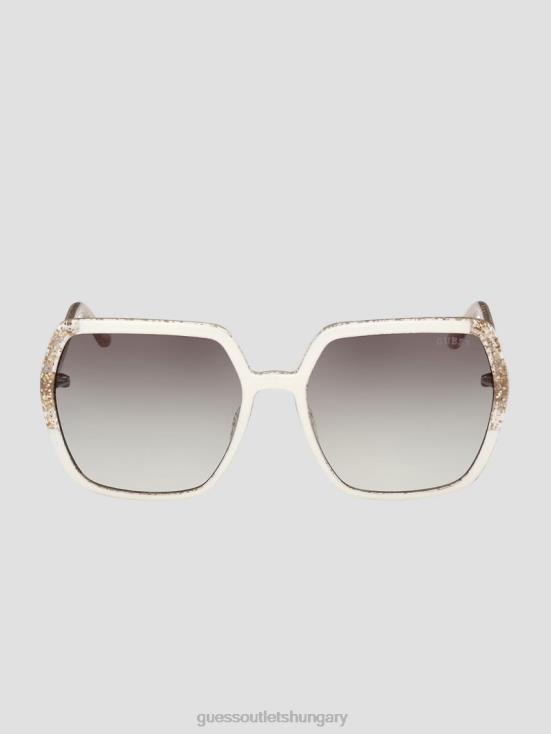 GUESS White 8ZX4F3728 Glitter Square Plastic Sunglasses