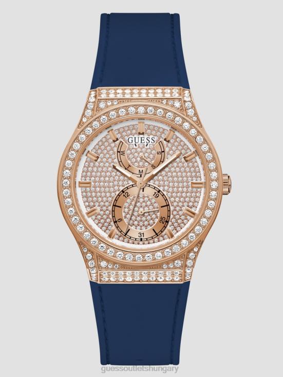 GUESS Rose Gold-Tone and Blue 8ZX4F3612 Crystal Silicone Multifunction Watch