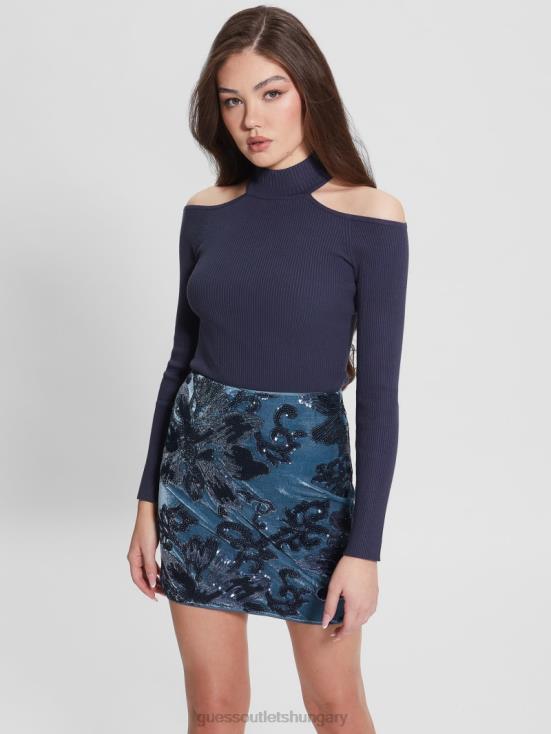 GUESS Blackened Blue Multi 8ZX4F1522 Eco Milly Cold-Shoulder Bodysuit