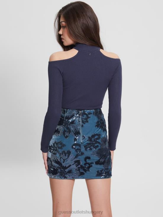 GUESS Blackened Blue Multi 8ZX4F1522 Eco Milly Cold-Shoulder Bodysuit