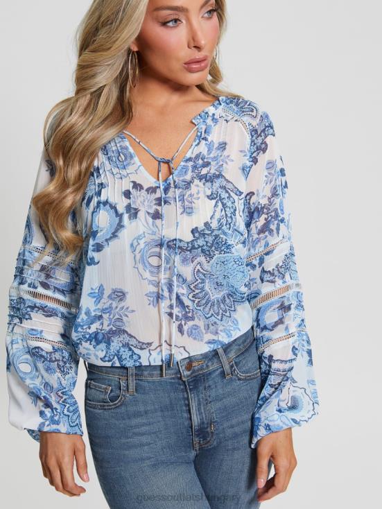 GUESS Blue Collectibles 8ZX4F1052 Eco Gilda Sheer Long-Sleeve Blouse
