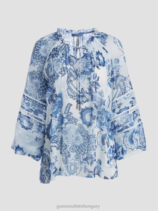 GUESS Blue Collectibles 8ZX4F1052 Eco Gilda Sheer Long-Sleeve Blouse