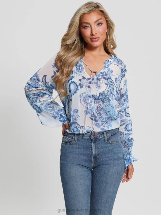 GUESS Blue Collectibles 8ZX4F1052 Eco Gilda Sheer Long-Sleeve Blouse