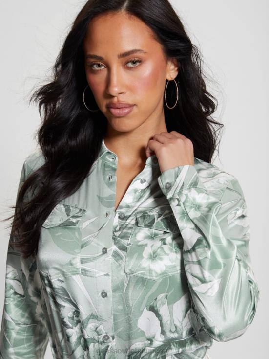 GUESS Dusty Fern Jungle Print 8ZX4F930 Eco Linda Satin Shirt