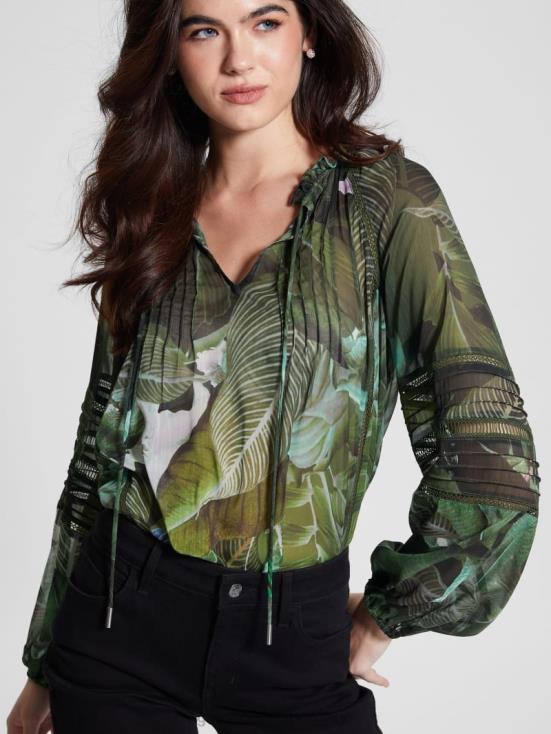 GUESS Moonlit Tropic Garden 8ZX4F1689 Eco Gilda Sheer Long-Sleeve Blouse