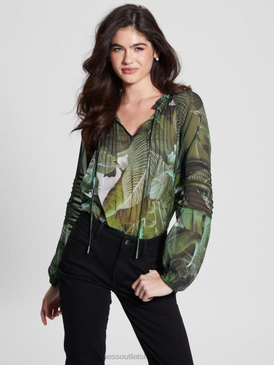 GUESS Moonlit Tropic Garden 8ZX4F1689 Eco Gilda Sheer Long-Sleeve Blouse