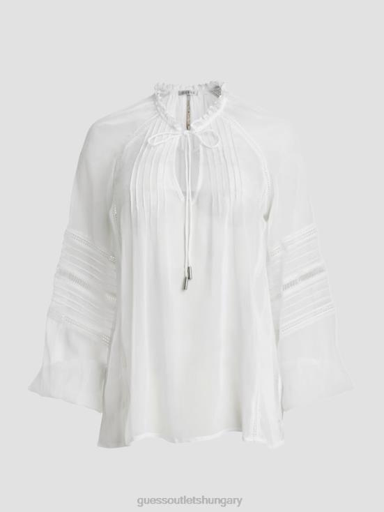 GUESS Pure White 8ZX4F1240 Eco Gilda Sheer Long-Sleeve Blouse