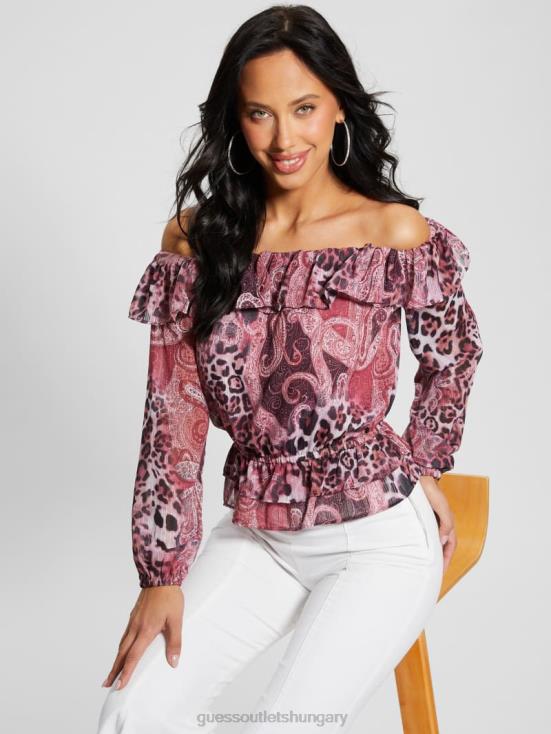 GUESS Purple Kashmir Print 8ZX4F1046 Eco Off-the-Shoulder Lucy Top