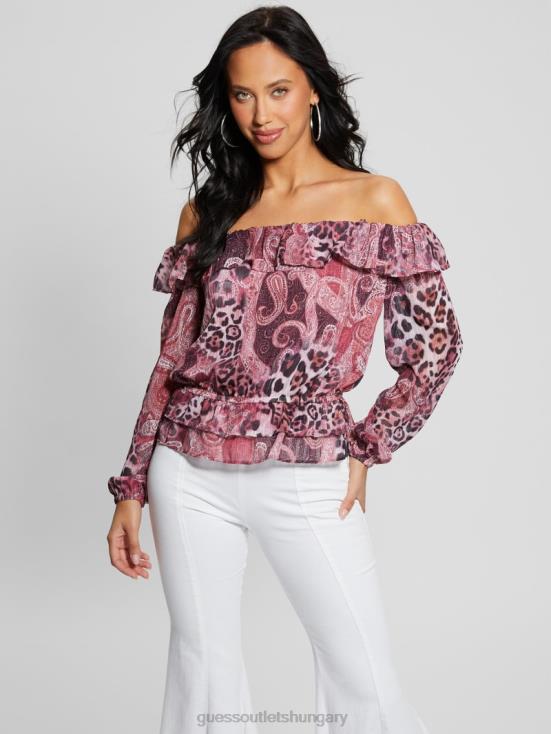 GUESS Purple Kashmir Print 8ZX4F1046 Eco Off-the-Shoulder Lucy Top
