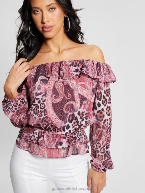 GUESS Purple Kashmir Print 8ZX4F1046 Eco Off-the-Shoulder Lucy Top