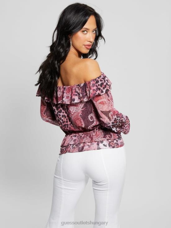 GUESS Purple Kashmir Print 8ZX4F1046 Eco Off-the-Shoulder Lucy Top