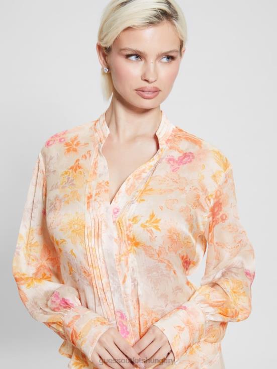 GUESS Tangerine Bloom 8ZX4F1122 Eco Monica Chiffon Long-Sleeve Top