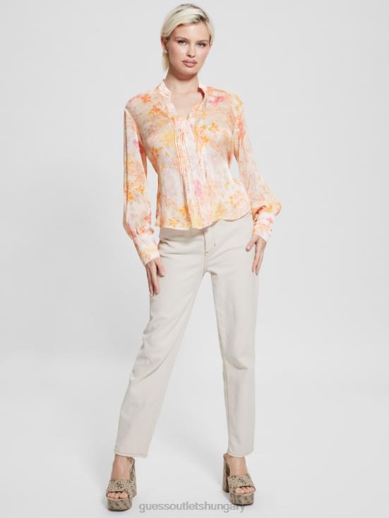 GUESS Tangerine Bloom 8ZX4F1122 Eco Monica Chiffon Long-Sleeve Top