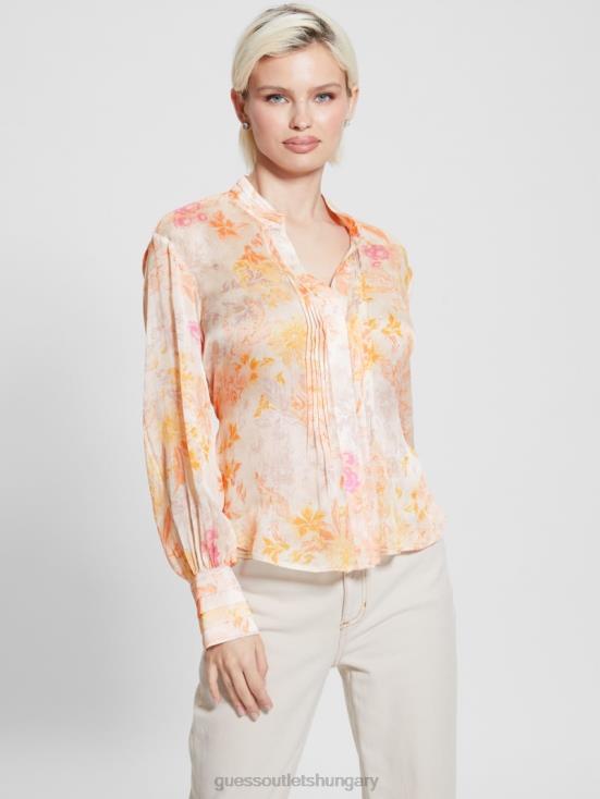 GUESS Tangerine Bloom 8ZX4F1122 Eco Monica Chiffon Long-Sleeve Top