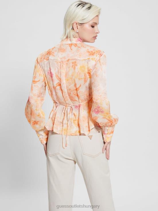 GUESS Tangerine Bloom 8ZX4F1122 Eco Monica Chiffon Long-Sleeve Top