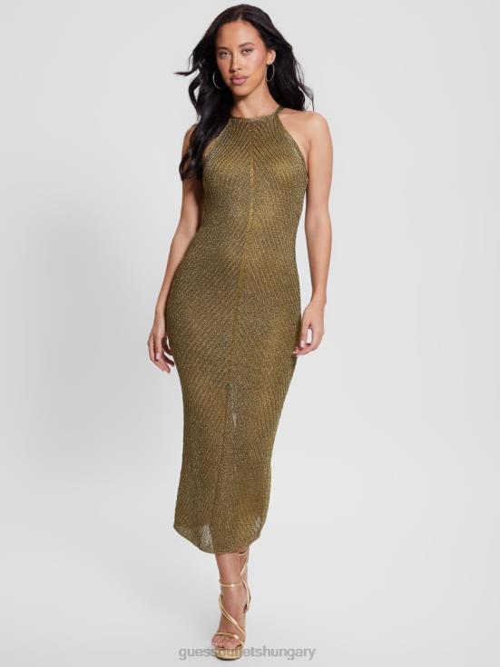 GUESS Black Gold Multi 8ZX4F370 Alexie Lurex Halter Maxi Dress