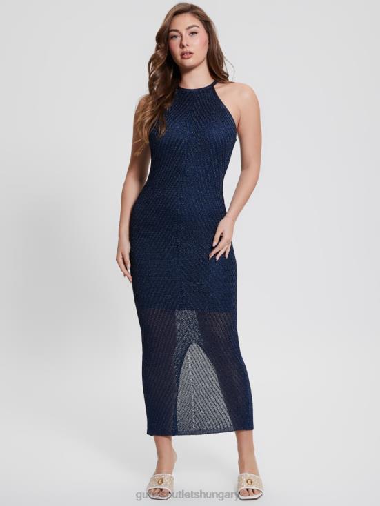 GUESS Blackened Blue Multi 8ZX4F324 Alexie Lurex Halter Maxi Dress