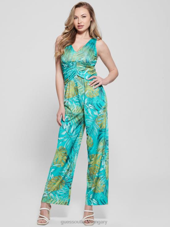 GUESS Original Teal Monstera 8ZX4F320 Eco Poplia Printed Jumpsuit