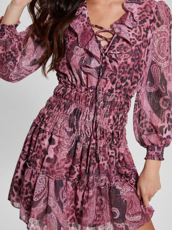GUESS Purple Kashmir Print 8ZX4F327 Eco Lucy Lace-Up Flared Dress