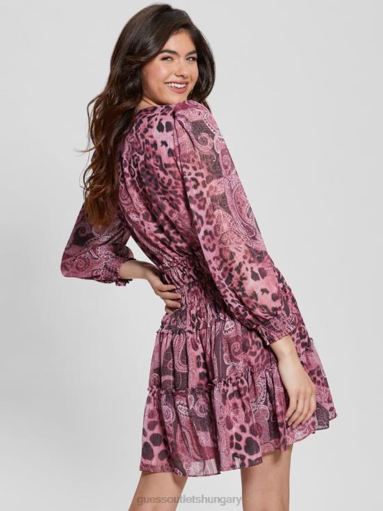 GUESS Purple Kashmir Print 8ZX4F327 Eco Lucy Lace-Up Flared Dress