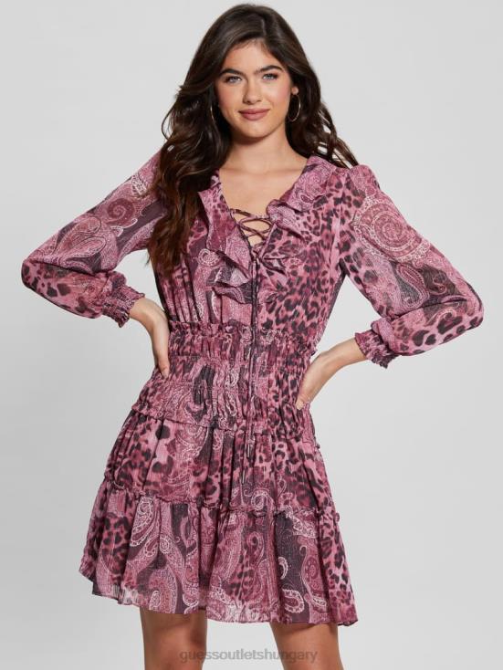 GUESS Purple Kashmir Print 8ZX4F327 Eco Lucy Lace-Up Flared Dress
