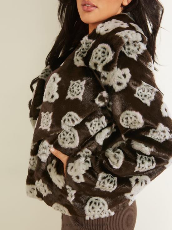 GUESS 4G Jacquard Brown Combo 8ZX4F1829 Maddalena Logo Faux-Fur Jacket