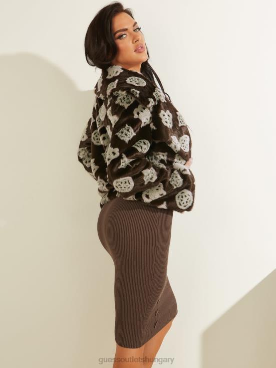 GUESS 4G Jacquard Brown Combo 8ZX4F1829 Maddalena Logo Faux-Fur Jacket