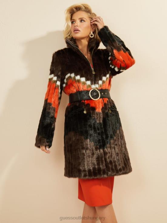 GUESS Chevron Orange 8ZX4F1934 Judy Faux-Fur Coat