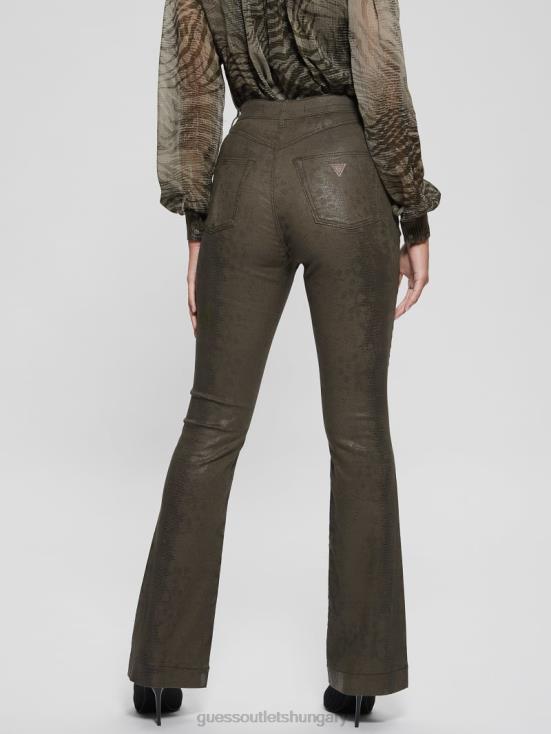 GUESS Dark Green Snake 8ZX4F95 Pop \'70s Snakeskin Flared Pants