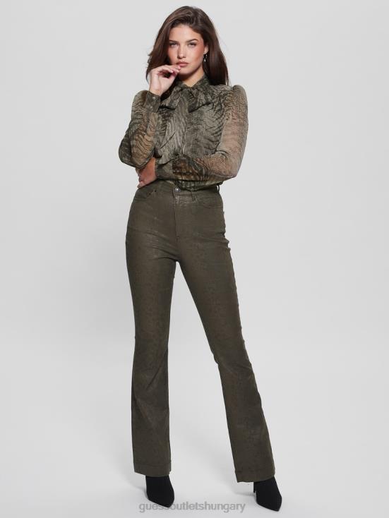 GUESS Dark Green Snake 8ZX4F95 Pop \'70s Snakeskin Flared Pants