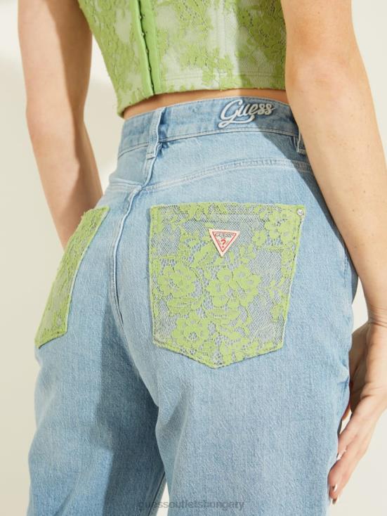 GUESS Green Lace Wash 8ZX4F214 Lace Exposed Button Mom Jeans