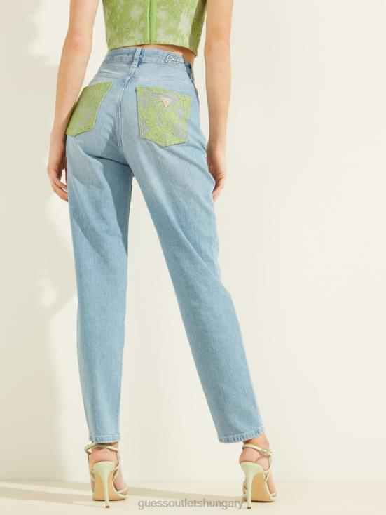 GUESS Green Lace Wash 8ZX4F214 Lace Exposed Button Mom Jeans