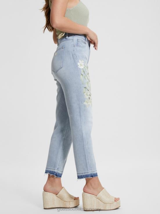 GUESS Sunset Flower 8ZX4F18 Eco Satin Artwork Denim Mom Jeans