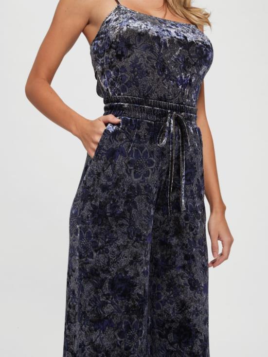 GUESS Spice Market Floral Print 8ZX4F2229 Jade Velvet Wide-Leg Pants