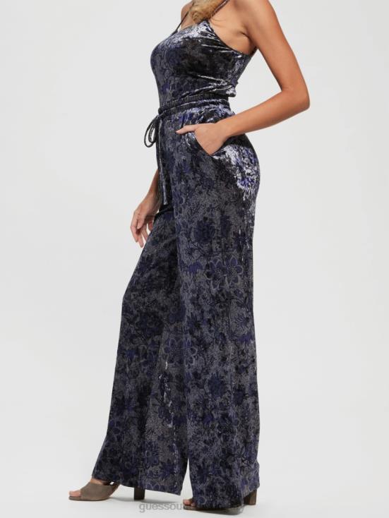 GUESS Spice Market Floral Print 8ZX4F2229 Jade Velvet Wide-Leg Pants