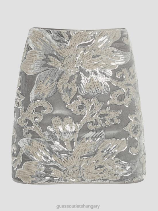 GUESS Flower Sequins Embro Silver 8ZX4F2398 Ernesta Embellished Velvet Skirt
