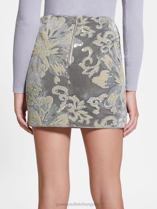 GUESS Flower Sequins Embro Silver 8ZX4F2398 Ernesta Embellished Velvet Skirt