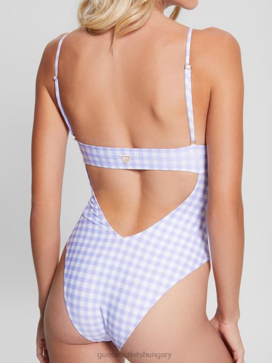 GUESS Small White Lavander Vich 8ZX4F2550 Eco Gingham One-Piece Swimsuit