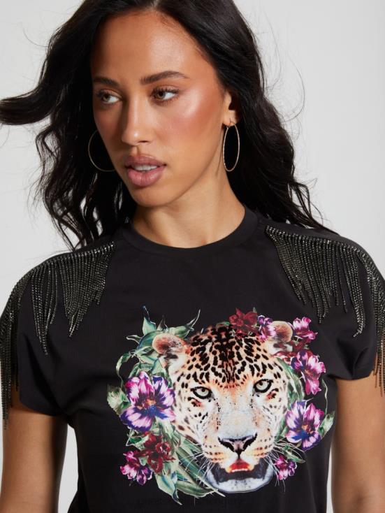 GUESS Acid Jet Black 8ZX4F995 Leopard Fringe Tee